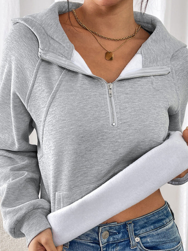 Blue Zone Planet | Long-sleeved hoodie autumn and winter style plus velvet thickened solid color pullover sweater top-[Adult]-[Female]-2022 Online Blue Zone Planet