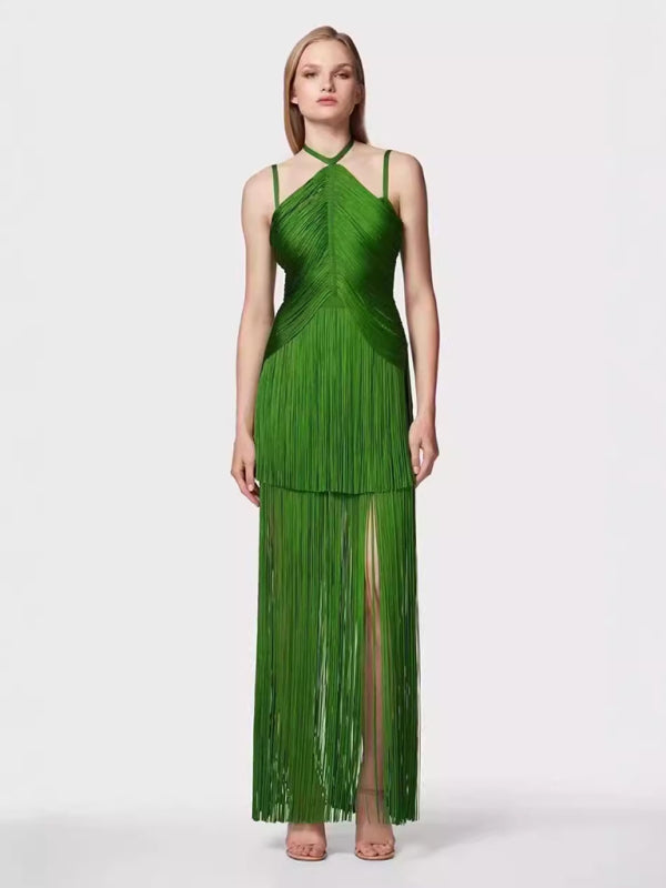 Blue Zone Planet |  New green halter neck maxi dress with fringe hem for dinner party Dress