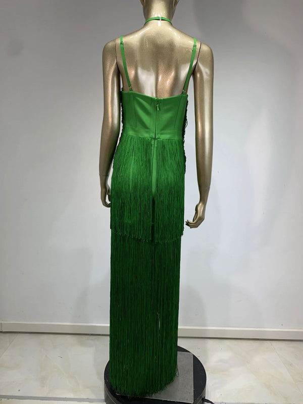 Blue Zone Planet |  New green halter neck maxi dress with fringe hem for dinner party Dress