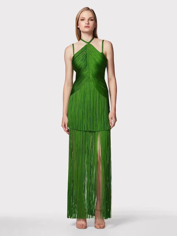 Blue Zone Planet |  New green halter neck maxi dress with fringe hem for dinner party Dress