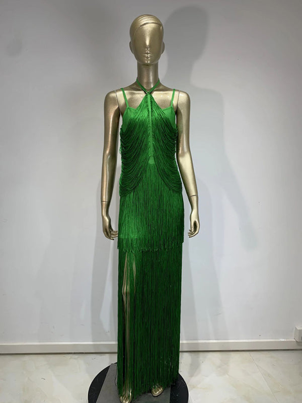 Blue Zone Planet |  New green halter neck maxi dress with fringe hem for dinner party Dress