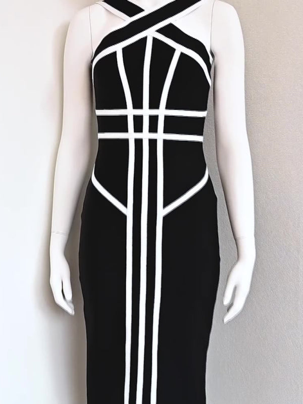 Blue Zone Planet |  Halter Neck Contrast Black and White Geometric Bandage Long Dress Slim Retro Stretch Dress