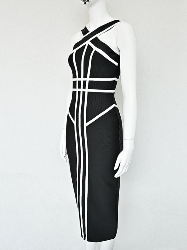 Blue Zone Planet |  Halter Neck Contrast Black and White Geometric Bandage Long Dress Slim Retro Stretch Dress