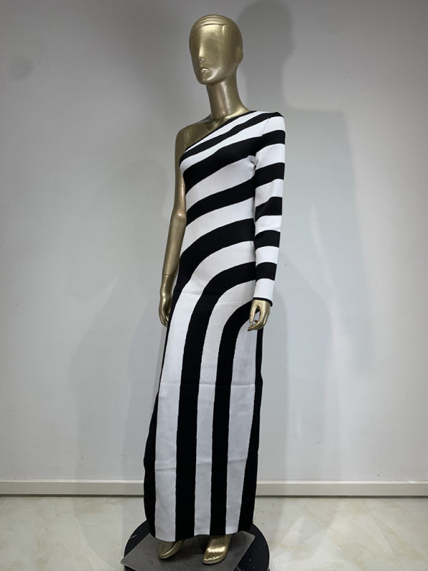 Blue Zone Planet |  Zebra Print One Shoulder Long Sleeve Bare Leg Bandage Dress Banquet Party Dress