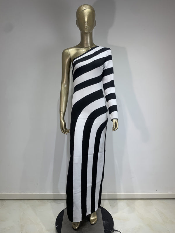 Blue Zone Planet |  Zebra Print One Shoulder Long Sleeve Bare Leg Bandage Dress Banquet Party Dress