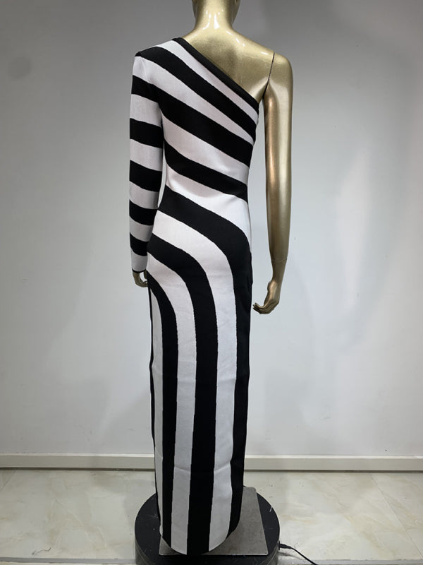 Blue Zone Planet |  Zebra Print One Shoulder Long Sleeve Bare Leg Bandage Dress Banquet Party Dress