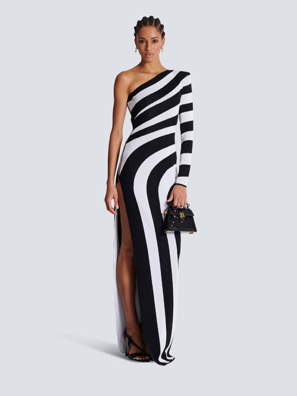 Blue Zone Planet |  Zebra Print One Shoulder Long Sleeve Bare Leg Bandage Dress Banquet Party Dress