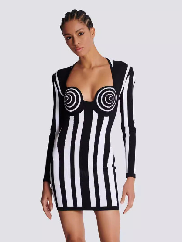 Blue Zone Planet |  Black and White Vertical Striped Bandage Dress Party Dress