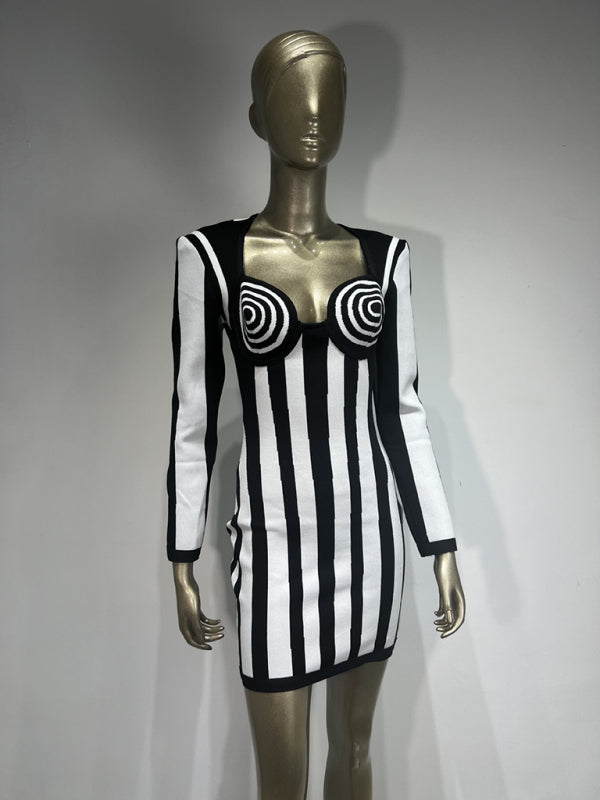 Blue Zone Planet |  Black and White Vertical Striped Bandage Dress Party Dress