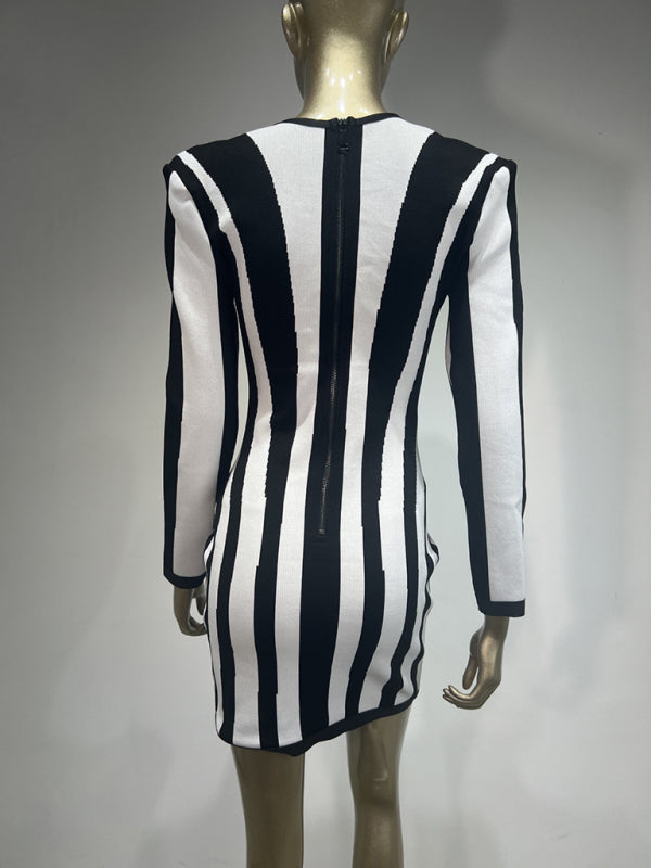 Blue Zone Planet |  Black and White Vertical Striped Bandage Dress Party Dress