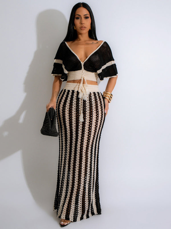 Blue Zone Planet |  、Women's Sexy V-neck Hollow Striped Knitted Long Skirt SuWomen's Sexy V-neck Hollow Striped Knitted Long Skirt Set