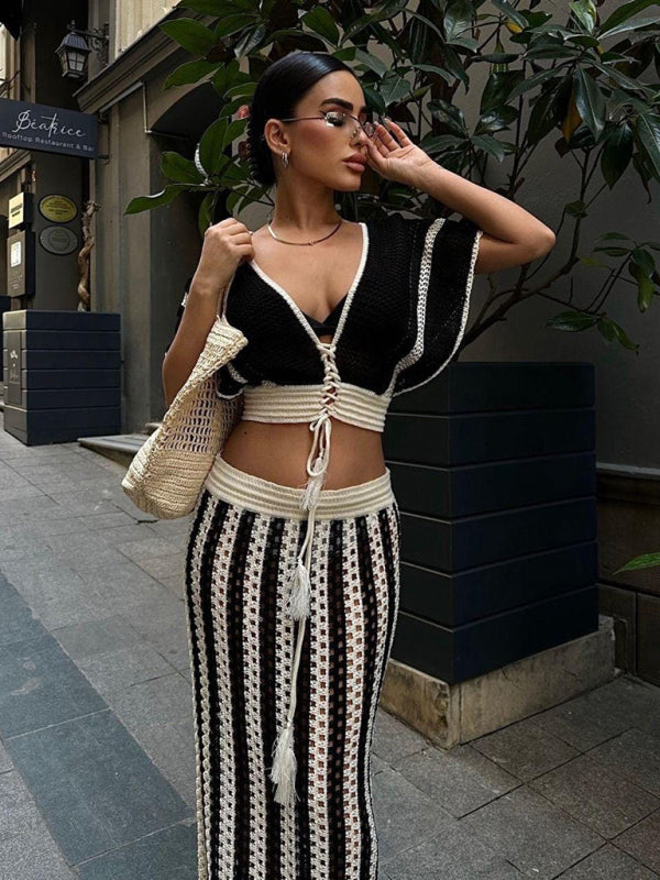 Blue Zone Planet |  、Women's Sexy V-neck Hollow Striped Knitted Long Skirt SuWomen's Sexy V-neck Hollow Striped Knitted Long Skirt Set