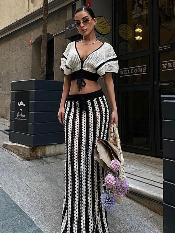 Blue Zone Planet |  、Women's Sexy V-neck Hollow Striped Knitted Long Skirt SuWomen's Sexy V-neck Hollow Striped Knitted Long Skirt Set