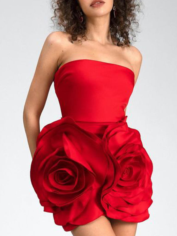 Blue Zone Planet |  Women's Sexy Evening Dress Tube Top Three-Dimensional Rose Flower Dress