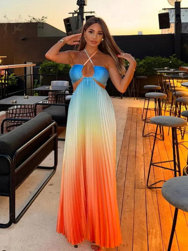 Gradient Print Sleeveless Backless Belted Vacation Long Halter Pleated Maxi Slip Summer Dresses(Purplish Blue/M) Gradient Print Sleeveless Backless Belted Vacation Long Halter Pleated Maxi Slip Summer Dresses(Purplish Blue/M)