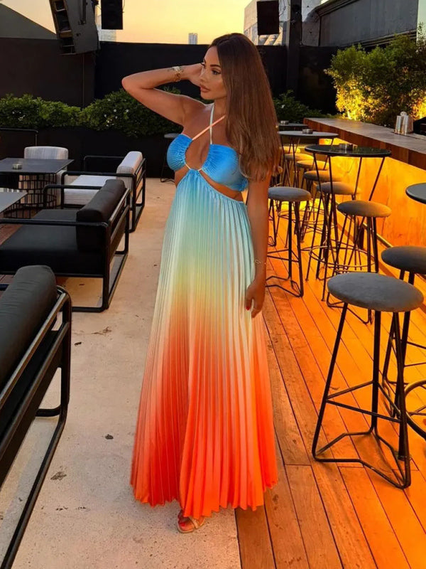 Blue Zone Planet |  Gradient color halter neck pleated long skirt ladies beach holiday dress