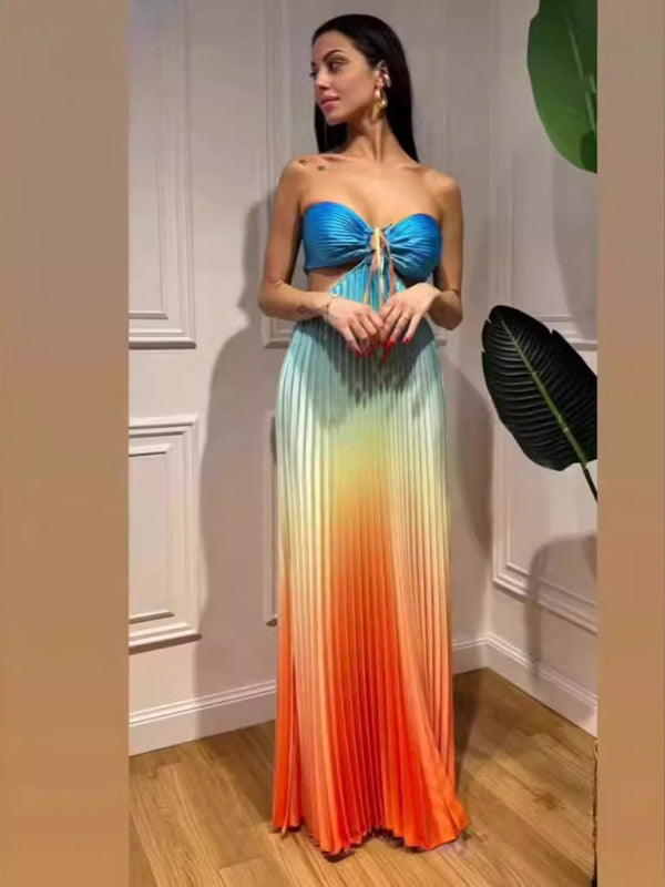 Gradient Print Sleeveless Backless Belted Vacation Long Halter Pleated Maxi Slip Summer Dresses(Purplish Blue/M) Gradient Print Sleeveless Backless Belted Vacation Long Halter Pleated Maxi Slip Summer Dresses(Purplish Blue/M)