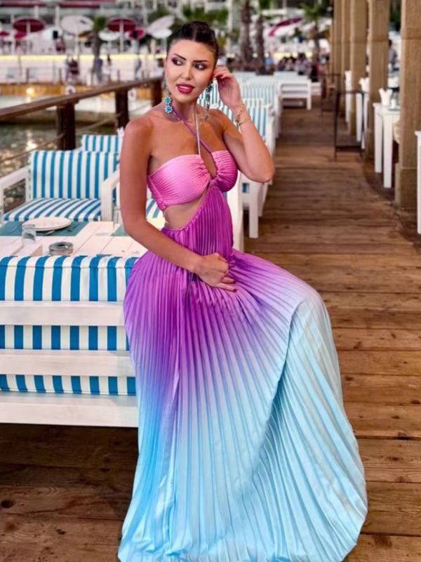 Blue Zone Planet |  Gradient color halter neck pleated long skirt ladies beach holiday dress