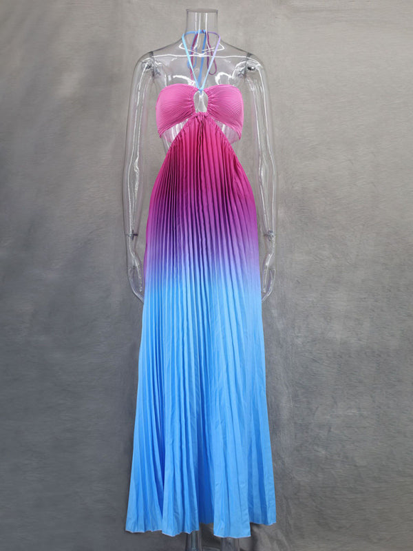 Blue Zone Planet |  Gradient color halter neck pleated long skirt ladies beach holiday dress