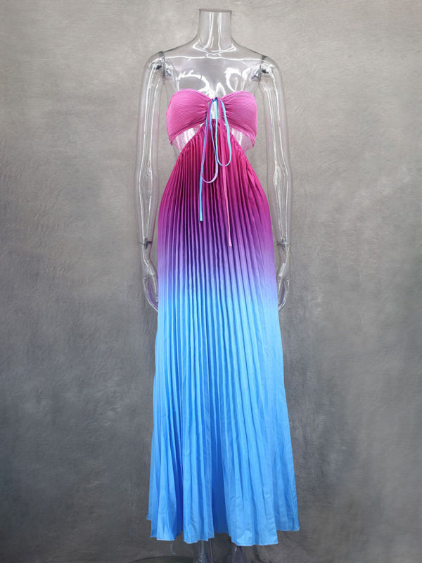 Blue Zone Planet |  Gradient color halter neck pleated long skirt ladies beach holiday dress