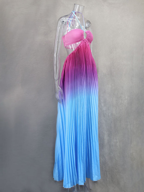 Blue Zone Planet |  Gradient color halter neck pleated long skirt ladies beach holiday dress