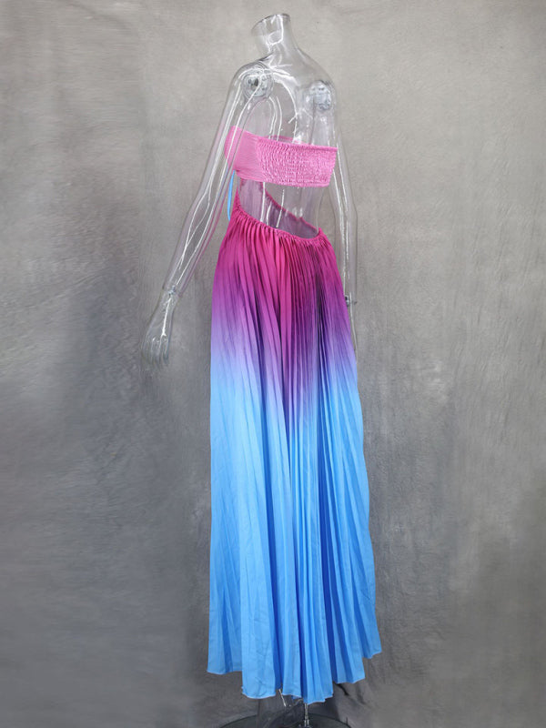 Blue Zone Planet |  Gradient color halter neck pleated long skirt ladies beach holiday dress