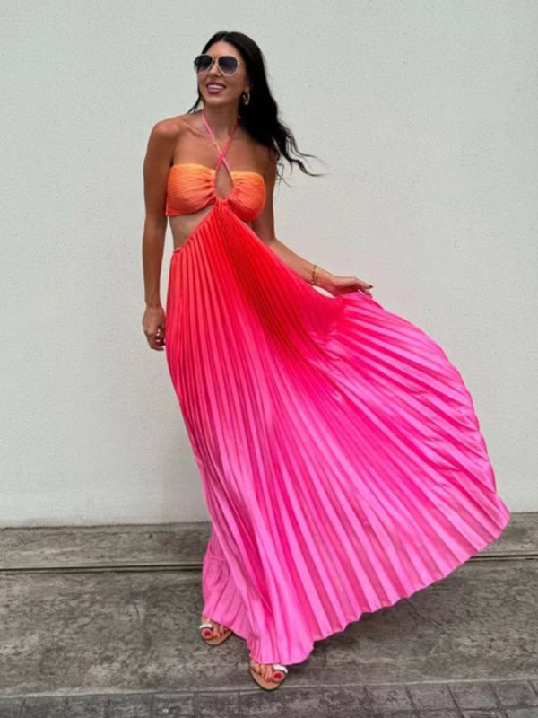 Blue Zone Planet |  Gradient color halter neck pleated long skirt ladies beach holiday dress