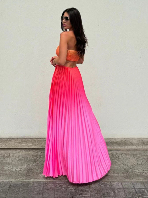 Blue Zone Planet |  Gradient color halter neck pleated long skirt ladies beach holiday dress