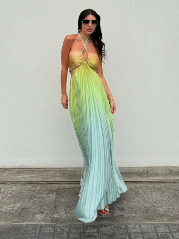 Blue Zone Planet |  Gradient color halter neck pleated long skirt ladies beach holiday dress