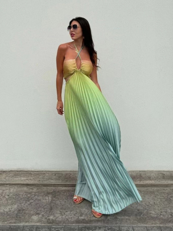 Blue Zone Planet |  Gradient color halter neck pleated long skirt ladies beach holiday dress