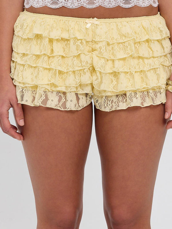 Laura's Casual Lace Trim Pleated Puffy Mini Shorts-TOPS / DRESSES-[Adult]-[Female]-Yellow-S-2022 Online Blue Zone Planet