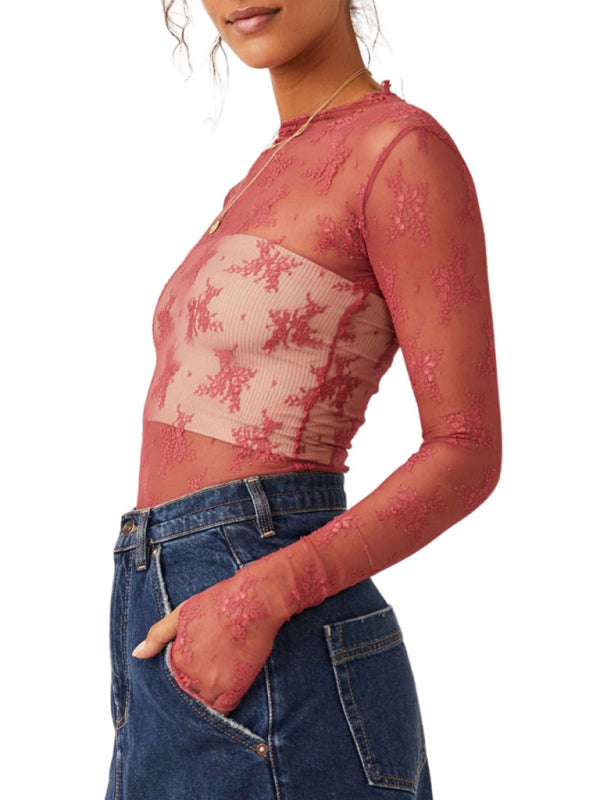 Breathable Embroidered Floral Sheer Lace Mesh Long Sleeve Top-[Adult]-[Female]-Orange Red-S-2022 Online Blue Zone Planet