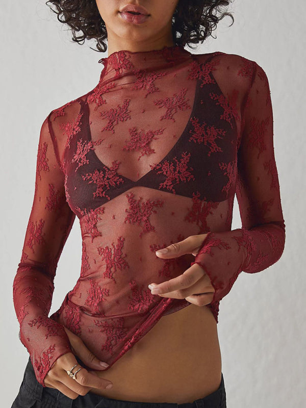 Breathable Embroidered Floral Sheer Lace Mesh Long Sleeve Top-[Adult]-[Female]-Wine Red-S-2022 Online Blue Zone Planet