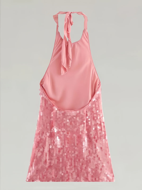 Tina's Sequin Halter Sleeveless Backless Pink Round Neck Mini Dress