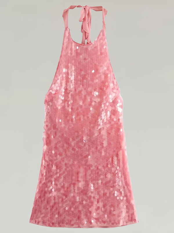 Tina's Sequin Halter Sleeveless Backless Pink Round Neck Mini Dress