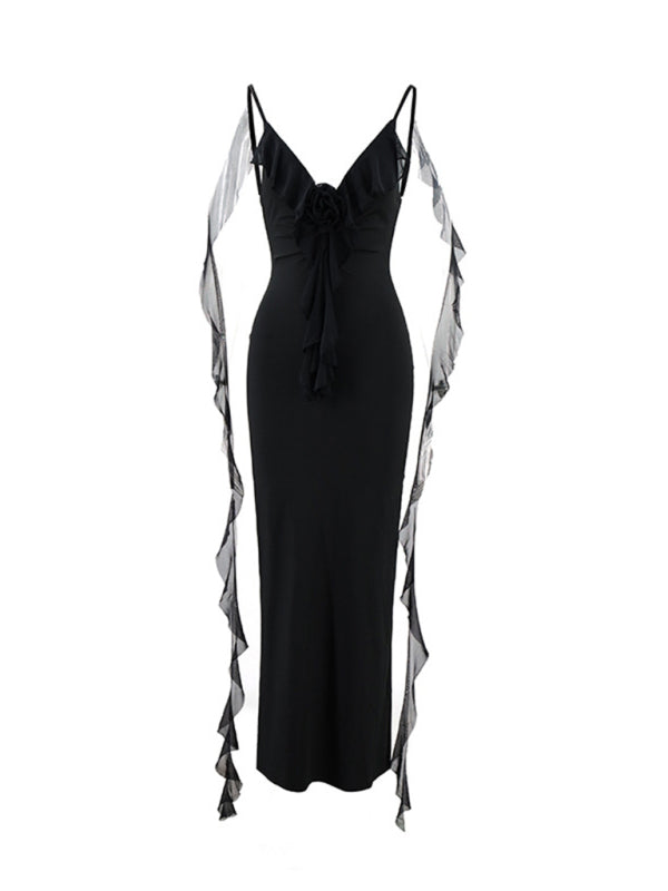 Zone Planet | Deep-V 3D Flower Strappy Backless Fishtail Dress - Black / M by Blue Zone Planet Zone Planet | Deep-V 3D Flower Strappy Backless Fishtail Dress - Black / M by Blue Zone Planet