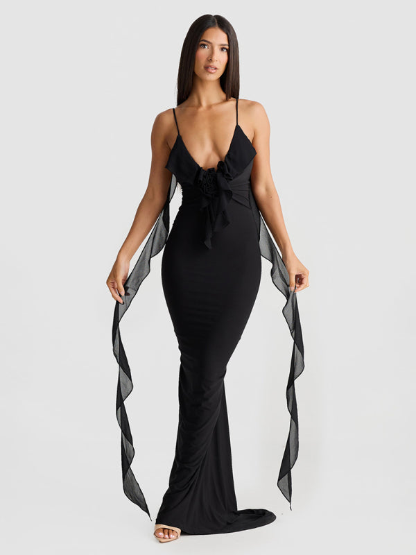 Zone Planet | Deep-V 3D Flower Strappy Backless Fishtail Dress - Black / M by Blue Zone Planet Zone Planet | Deep-V 3D Flower Strappy Backless Fishtail Dress - Black / M by Blue Zone Planet
