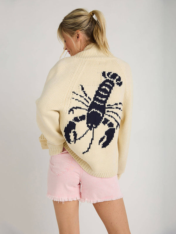 Lobster Graphic Knit Single-Breasted Long-Sleeved Cardigan-[Adult]-[Female]-Cracker khaki-S-2022 Online Blue Zone Planet