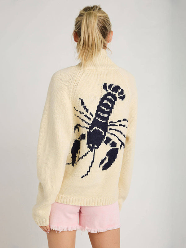 Lobster Graphic Knit Single-Breasted Long-Sleeved Cardigan-[Adult]-[Female]-2022 Online Blue Zone Planet