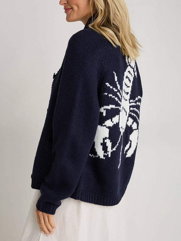 Lobster Graphic Knit Single-Breasted Long-Sleeved Cardigan-[Adult]-[Female]-2022 Online Blue Zone Planet