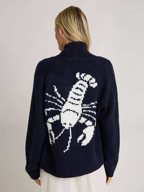 Lobster Graphic Knit Single-Breasted Long-Sleeved Cardigan-[Adult]-[Female]-Champlain color-S-2022 Online Blue Zone Planet