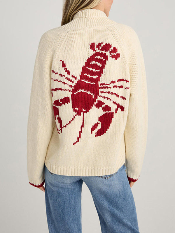 Lobster Graphic Knit Single-Breasted Long-Sleeved Cardigan-[Adult]-[Female]-Red-S-2022 Online Blue Zone Planet