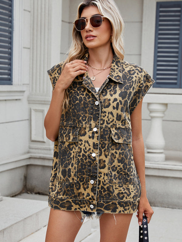 Washed denim loose leopard print vest waistcoat-[Adult]-[Female]-2022 Online Blue Zone Planet