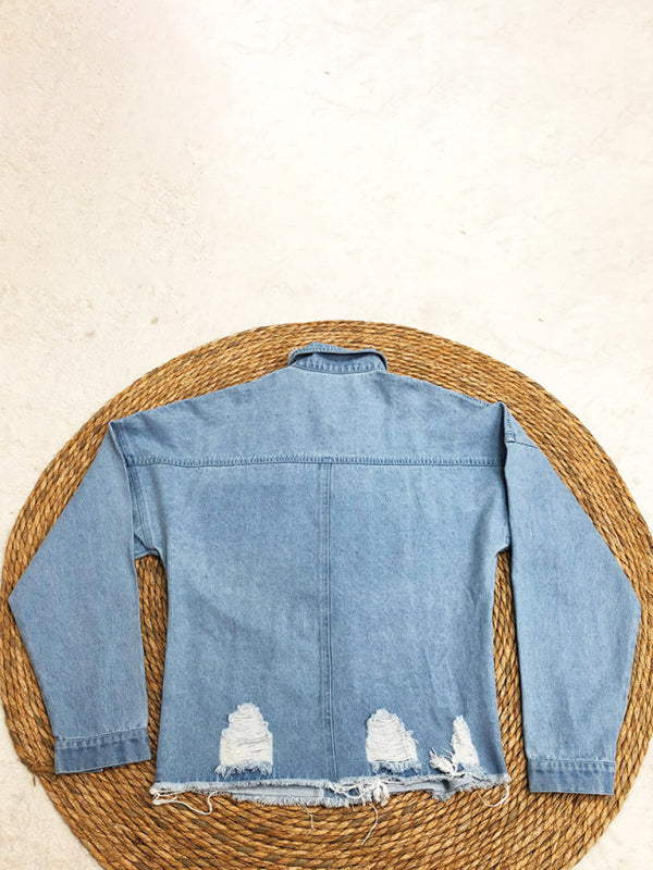 Ripped mid-length denim jacket washed vintage long-sleeved jacket-[Adult]-[Female]-2022 Online Blue Zone Planet