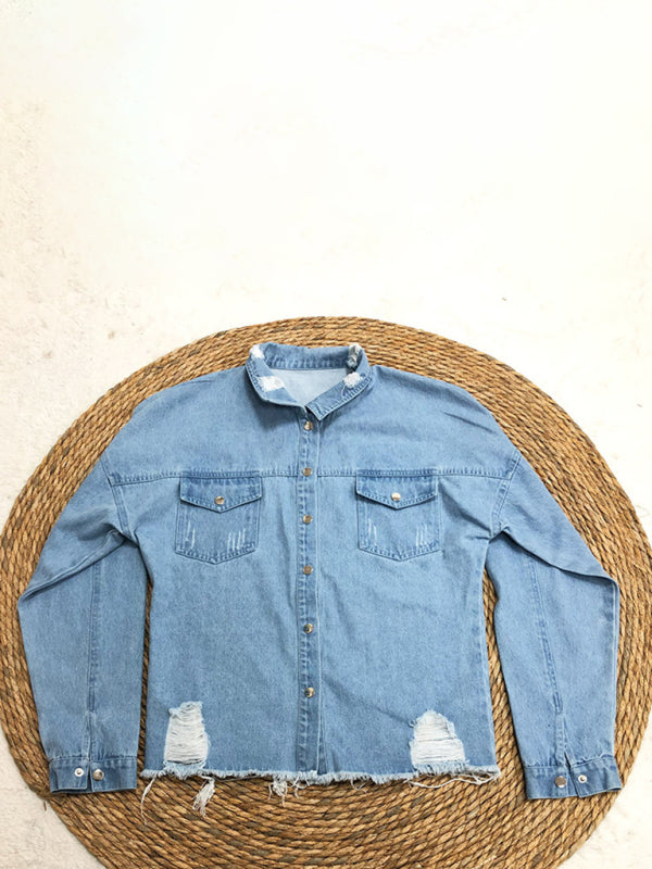 Ripped mid-length denim jacket washed vintage long-sleeved jacket-[Adult]-[Female]-2022 Online Blue Zone Planet