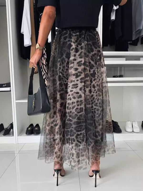 Leopard Print Elastic Waist Wide Swing Chiffon Skirt-[Adult]-[Female]-2022 Online Blue Zone Planet