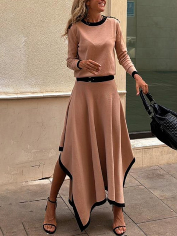 Long-sleeved irregular solid color skirt two-piece set-TOPS / DRESSES-[Adult]-[Female]-Brown-S-2022 Online Blue Zone Planet