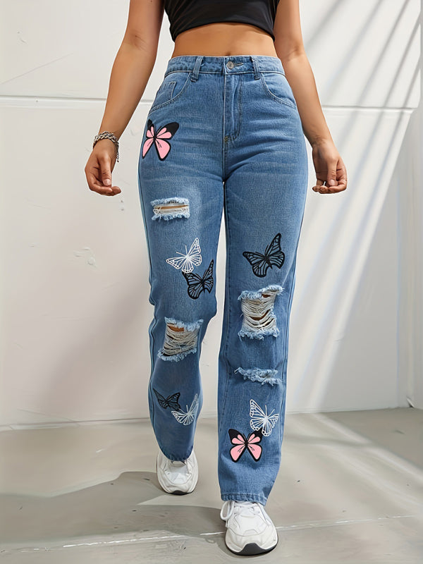 Butterfly Printed Ripped Straight High Waist Contrast Denim Pants-BOTTOMS SIZES SMALL MEDIUM LARGE-[Adult]-[Female]-2022 Online Blue Zone Planet