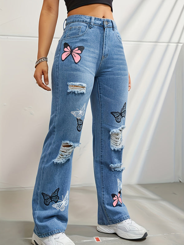 Butterfly Printed Ripped Straight High Waist Contrast Denim Pants-BOTTOMS SIZES SMALL MEDIUM LARGE-[Adult]-[Female]-2022 Online Blue Zone Planet