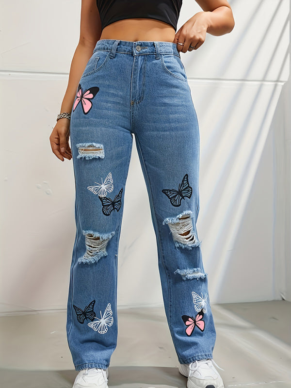 Butterfly Printed Ripped Straight High Waist Contrast Denim Pants-BOTTOMS SIZES SMALL MEDIUM LARGE-[Adult]-[Female]-2022 Online Blue Zone Planet